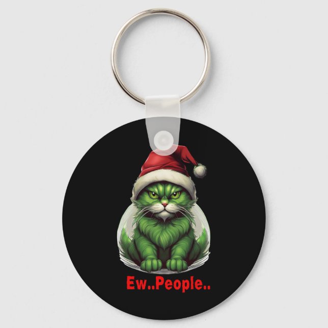 Festive Christmas Green Cat Ew People Funny Cat  Key Ring (Front)