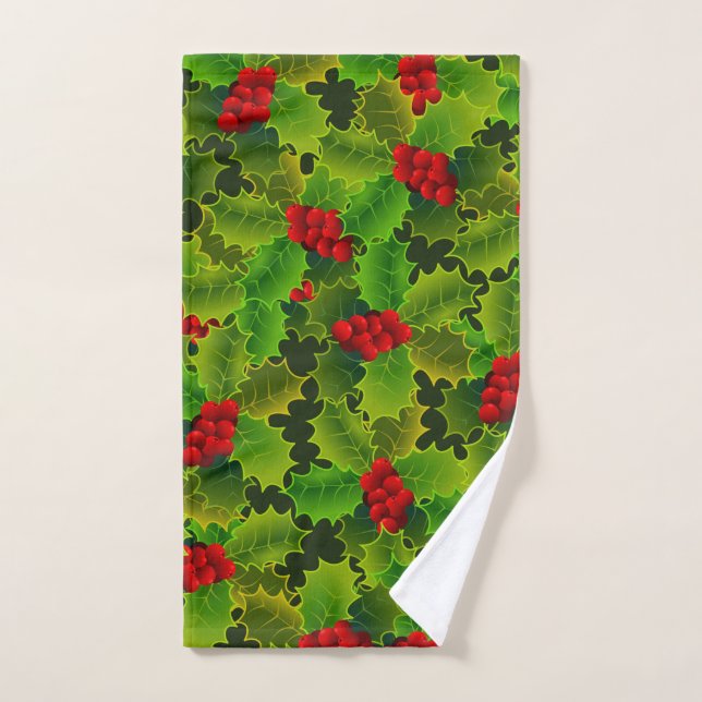 Festive Christmas Green Holly Leaves Red Berries Hand Towel (Hand Towel)