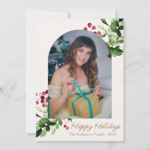 Festive Christmas Greenery & Red Berries Photo Holiday Card