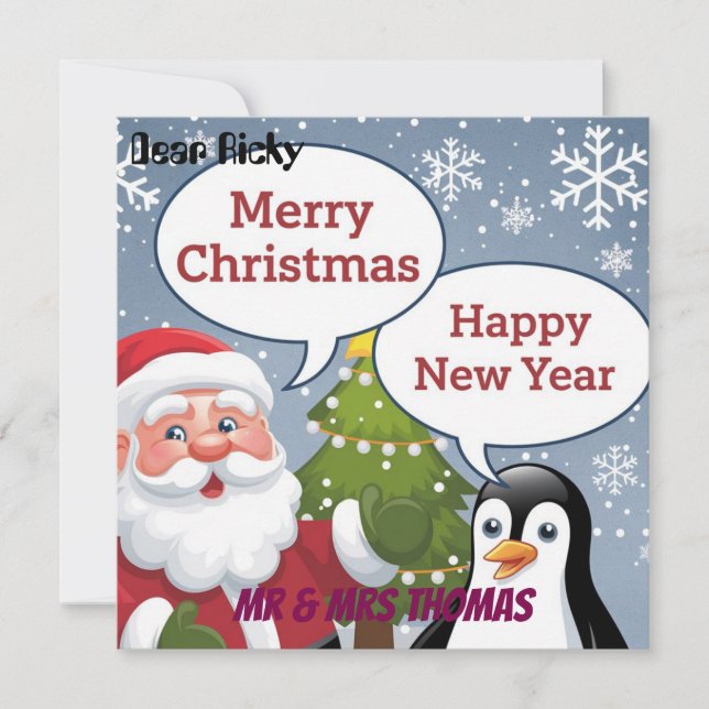 Festive Christmas Greeting Card Santa & Penguin (Front)