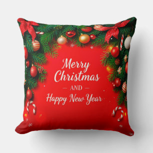 Festive Christmas Greeting Card with Decorations Cushion