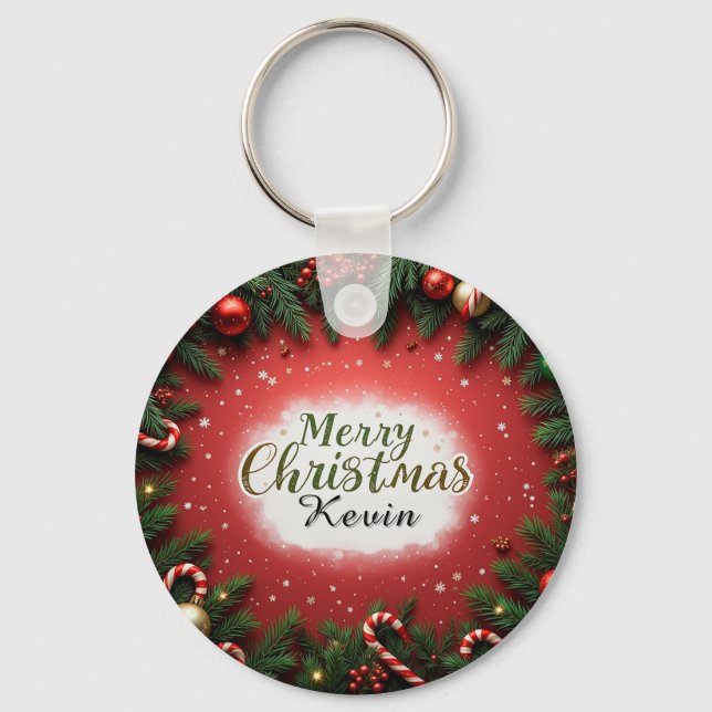 Festive Christmas Greeting Card with Decorations Key Ring (Front)