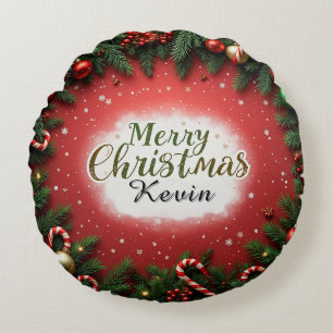 Festive Christmas Greeting Card with Decorations Round Cushion
