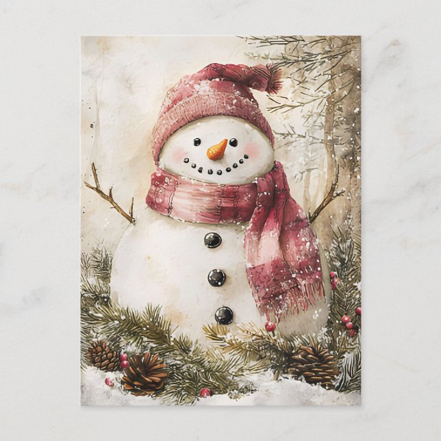 Festive Christmas Greeting with Snowman Postcard (Front)
