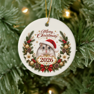 Festive Christmas Hamster in Santa Hat with 2026 Ceramic Tree Decoration