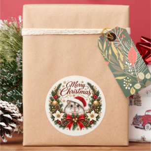 Festive Christmas Hamster with Santa Hat and Wreat Classic Round Sticker