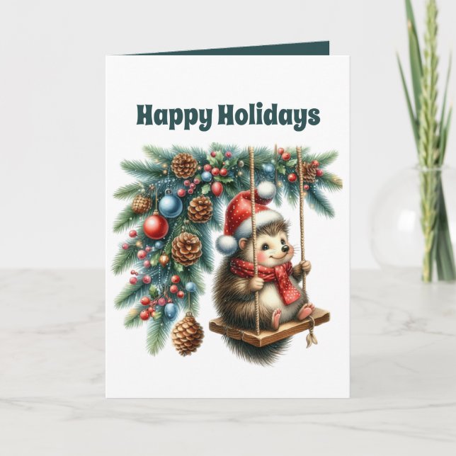 Festive Christmas hedgehog customisable Holiday Card (Front)