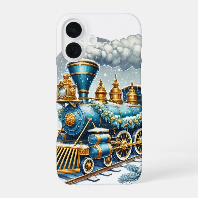 Festive Christmas Holiday blue train iPhone 16 Case (Back)