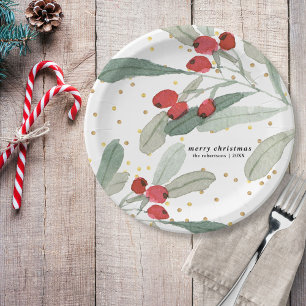 Festive Christmas Holiday Botanicals Gold Dots Paper Plate