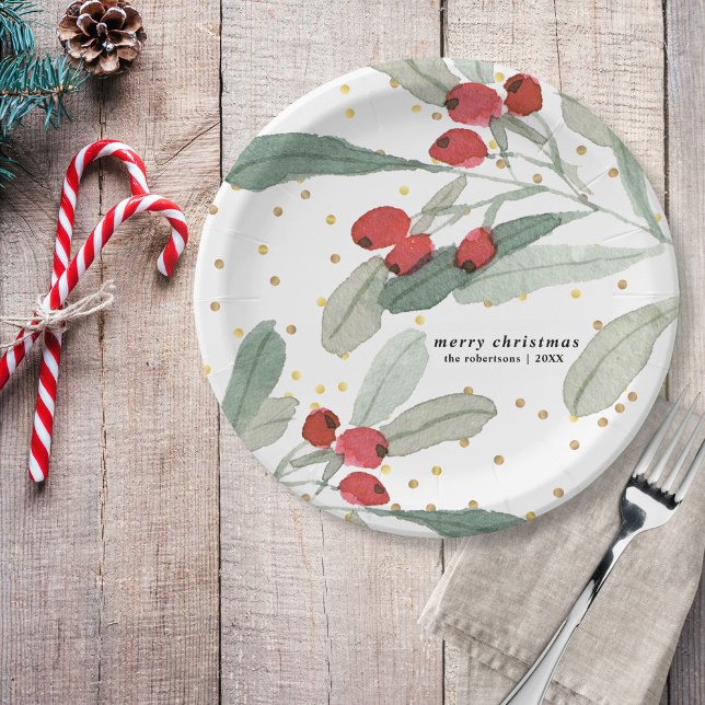 Festive Christmas Holiday Botanicals Gold Dots Paper Plate (Creator Uploaded)