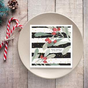 Festive Christmas Holiday Botanicals Stripes Gold Napkin
