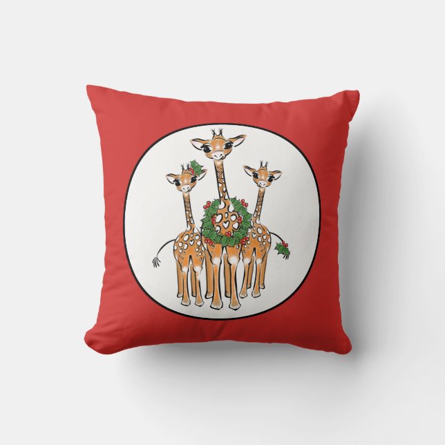 Festive Christmas Holiday  Giraffes, wreath  Cushion (Front)