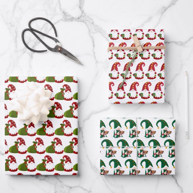festive Christmas Holiday gnomes tiled Wrapping Paper Sheet (Front)