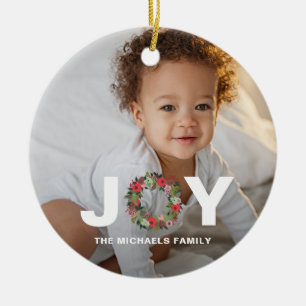 Festive Christmas Holiday Joy with Wreath Photo Ceramic Tree Decoration