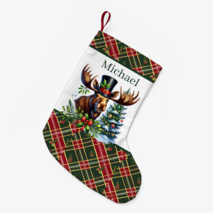 Festive Christmas Holiday moose add name Small Christmas Stocking