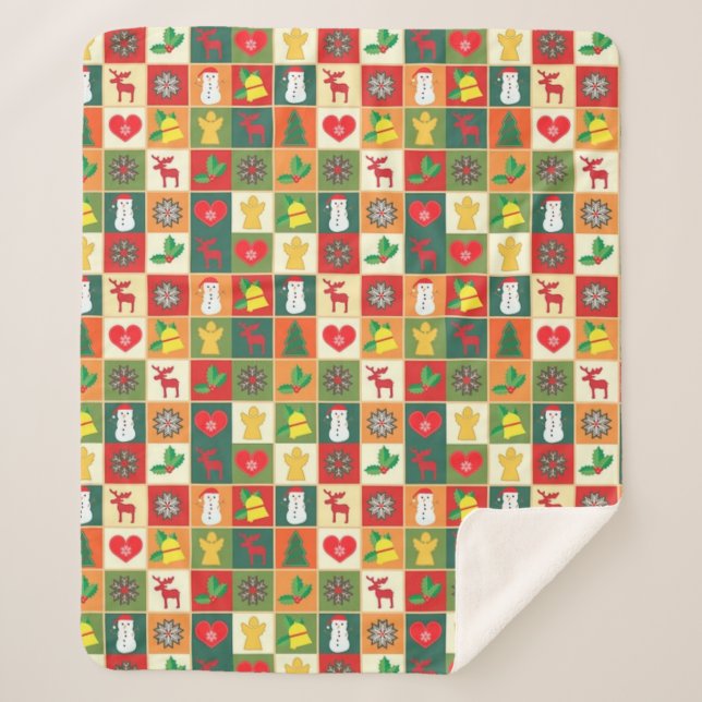 Festive Christmas Holiday Pattern Cozy Sherpa Blanket (Front)