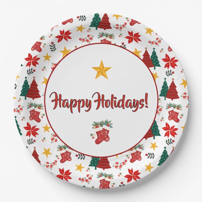 Festive Christmas Holiday Pattern Paper Plate (Front)