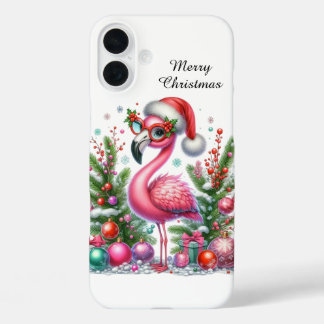Festive Christmas Holiday pink flamingo iPhone 16 Plus Case