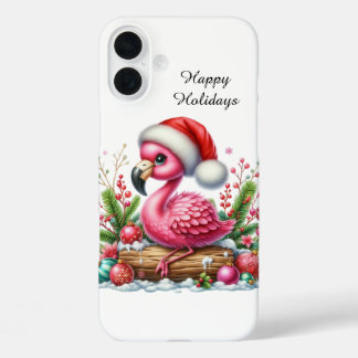 Festive Christmas Holiday pink flamingo iPhone 16 Plus Case