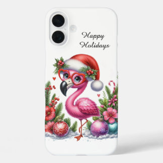 Festive Christmas Holiday pink flamingo iPhone 16 Plus Case