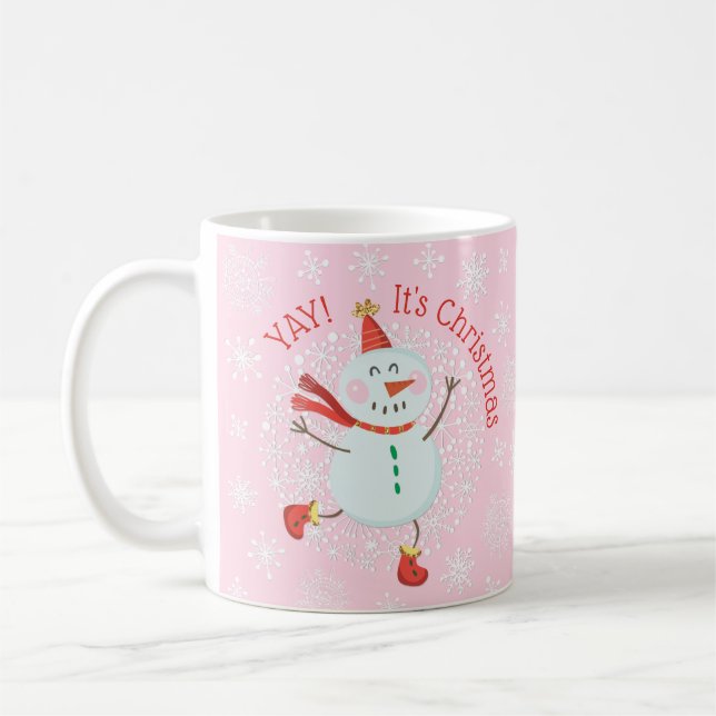 Festive Christmas Holiday Snowman Snowflakes Coffee Mug (Left)