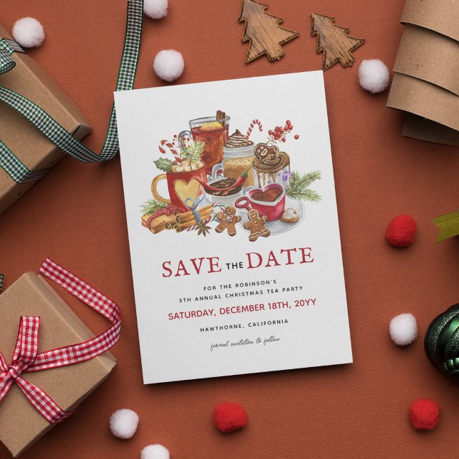 Festive Christmas Holiday Tea Party Save the Date Postcard (Creator Uploaded)