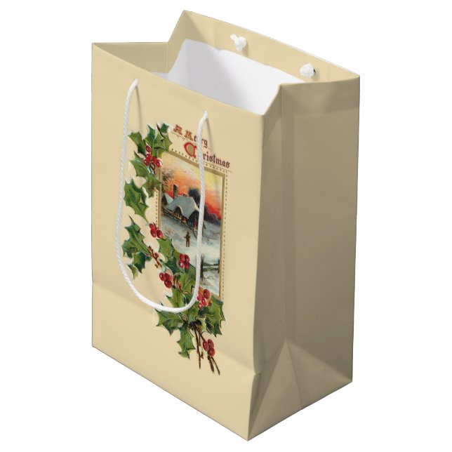Festive Christmas Holly and Rustic Winter Scene Medium Gift Bag (Front Angled)