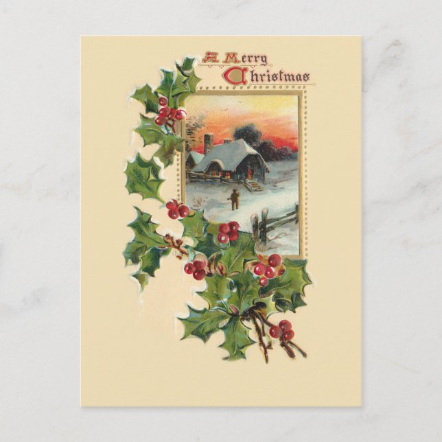 Festive Christmas Holly and Rustic Winter Scene Postcard (Front)