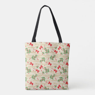 Festive Christmas Holly, Berries and Red Bows Tote Bag