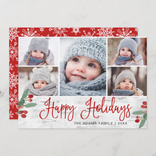Festive Christmas Holly Berry Rustic 5 PHOTO Holiday Card