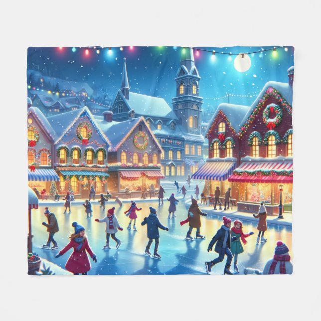 Festive Christmas Ice Skating Scene Fleece Blanket (Front (Horizontal))