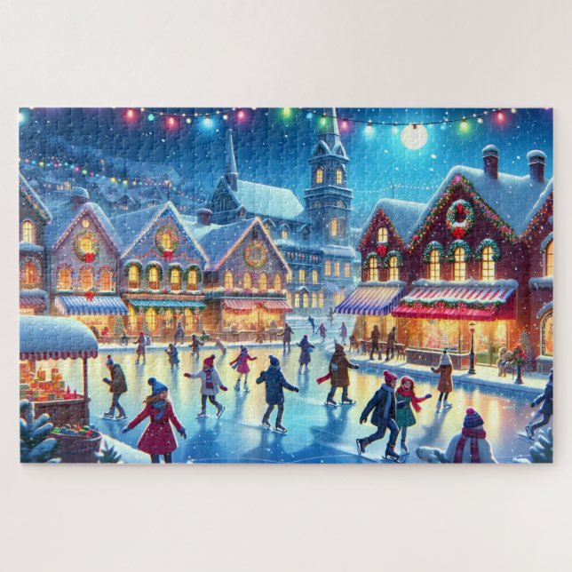 Festive Christmas Ice Skating Scene Jigsaw Puzzle (Horizontal)