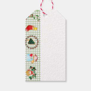 Festive Christmas icons on green plaid background Gift Tags