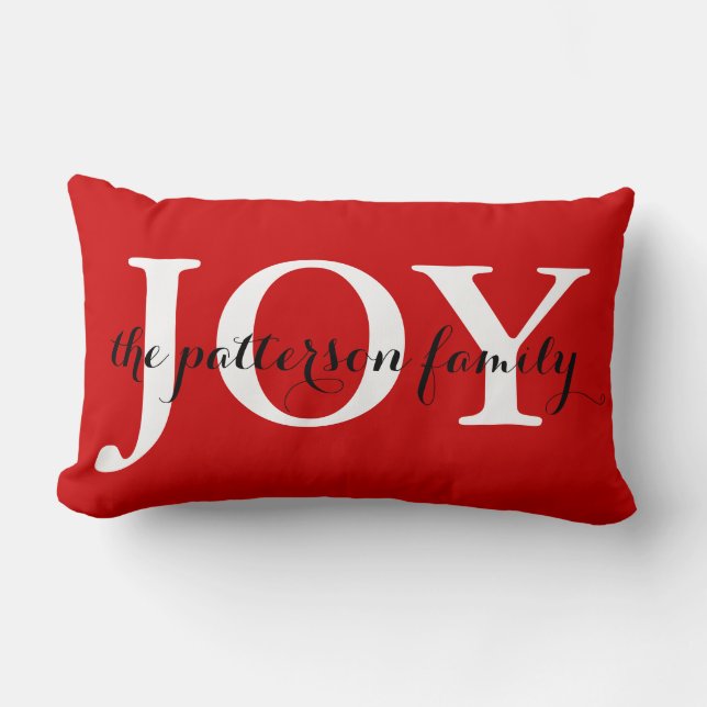 Festive Christmas Joy Red White Personalised Lumbar Cushion (Front)