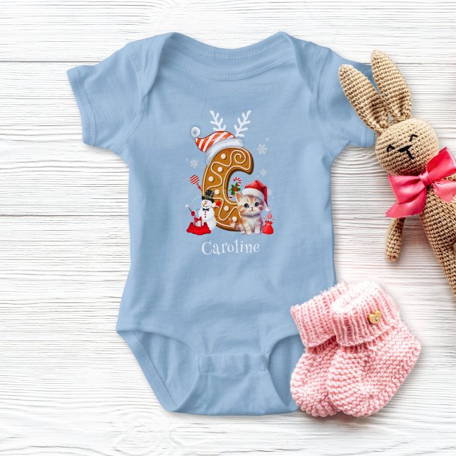 Festive Christmas Kitten Gingerbread Letter C Girl Baby Bodysuit (Creator Uploaded)