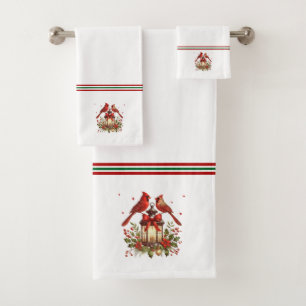 Festive Christmas Lantern Red Cardinals Stripes Bath Towel Set