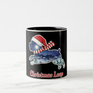 Festive Christmas Leaping Dog Cute Puppy Santa Two-Tone Coffee Mug