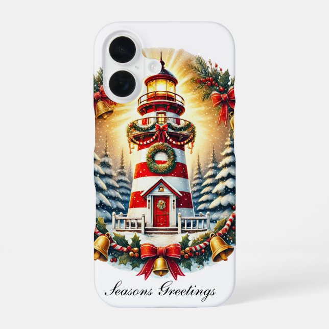Festive Christmas lighthouse Holiday customisable  iPhone 16 Case (Back)