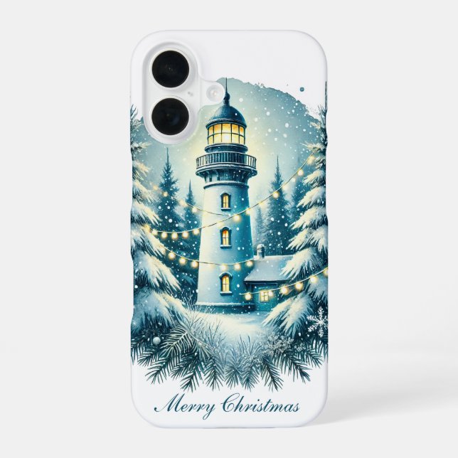 Festive Christmas lighthouse Holiday customisable  iPhone 16 Case (Back)