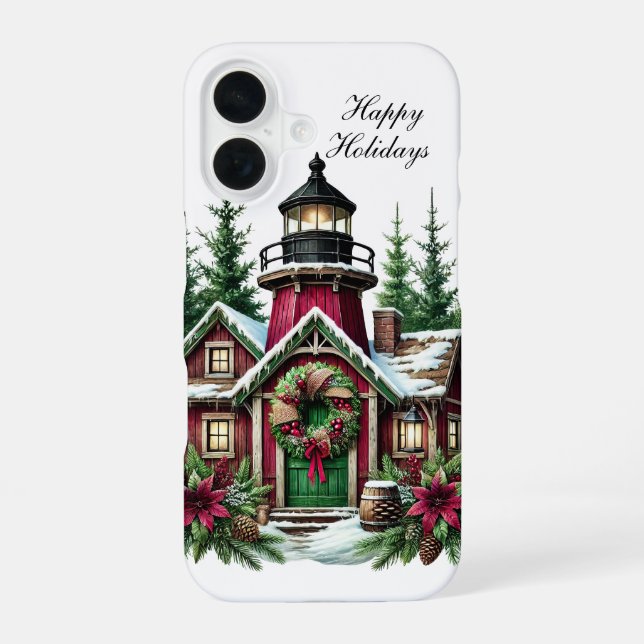 Festive Christmas lighthouse Holiday customisable  iPhone 16 Case (Back)