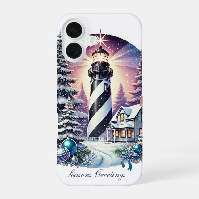 Festive Christmas lighthouse Holiday customisable  iPhone 16 Case (Back)