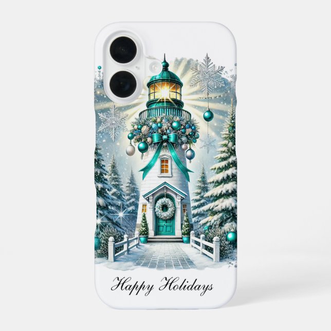 Festive Christmas lighthouse Holiday customisable iPhone 16 Case (Back)