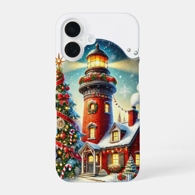 Festive Christmas lighthouse Holiday  iPhone 16 Case (Back)