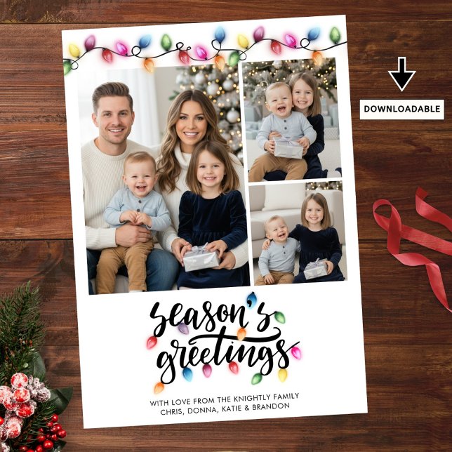 Festive Christmas Lights 3 Photo Seasons Greetings Holiday Card (Creator Uploaded)