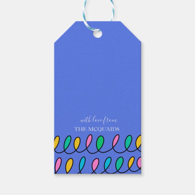 Festive Christmas Lights Blue Pattern Gift Tag (Front)