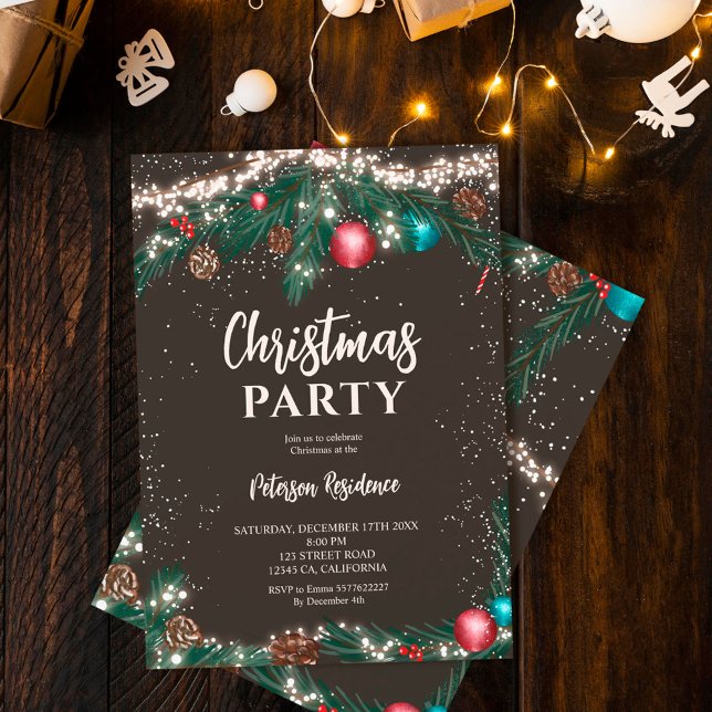Festive Christmas lights green pine branches snow Invitation (Creator Uploaded)