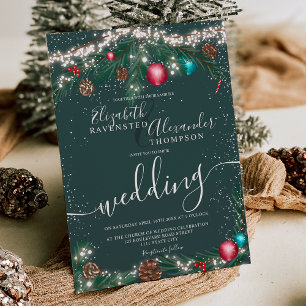 Festive Christmas lights pine branch snow wedding Invitation