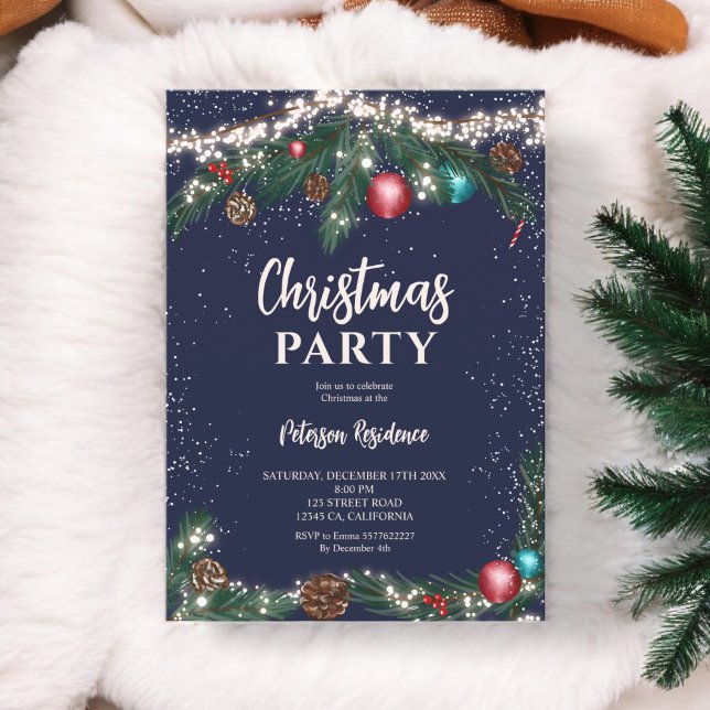 Festive Christmas lights pine branches snow blue Invitation (Festive Christmas lights pine branches snow blue Invitation)