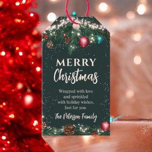 Festive Christmas lights pine branches snow green Gift Tags