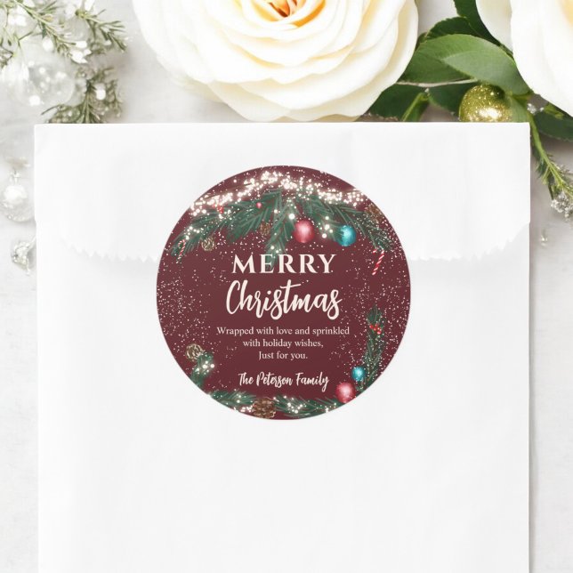 Festive Christmas lights pine branches snow  red Classic Round Sticker (Festive Christmas lights pine branches snow red Classic Round Sticker)